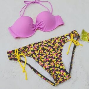 Victoria's secret pink purple Bandeau bikini 34B With New Hobie Bottoms